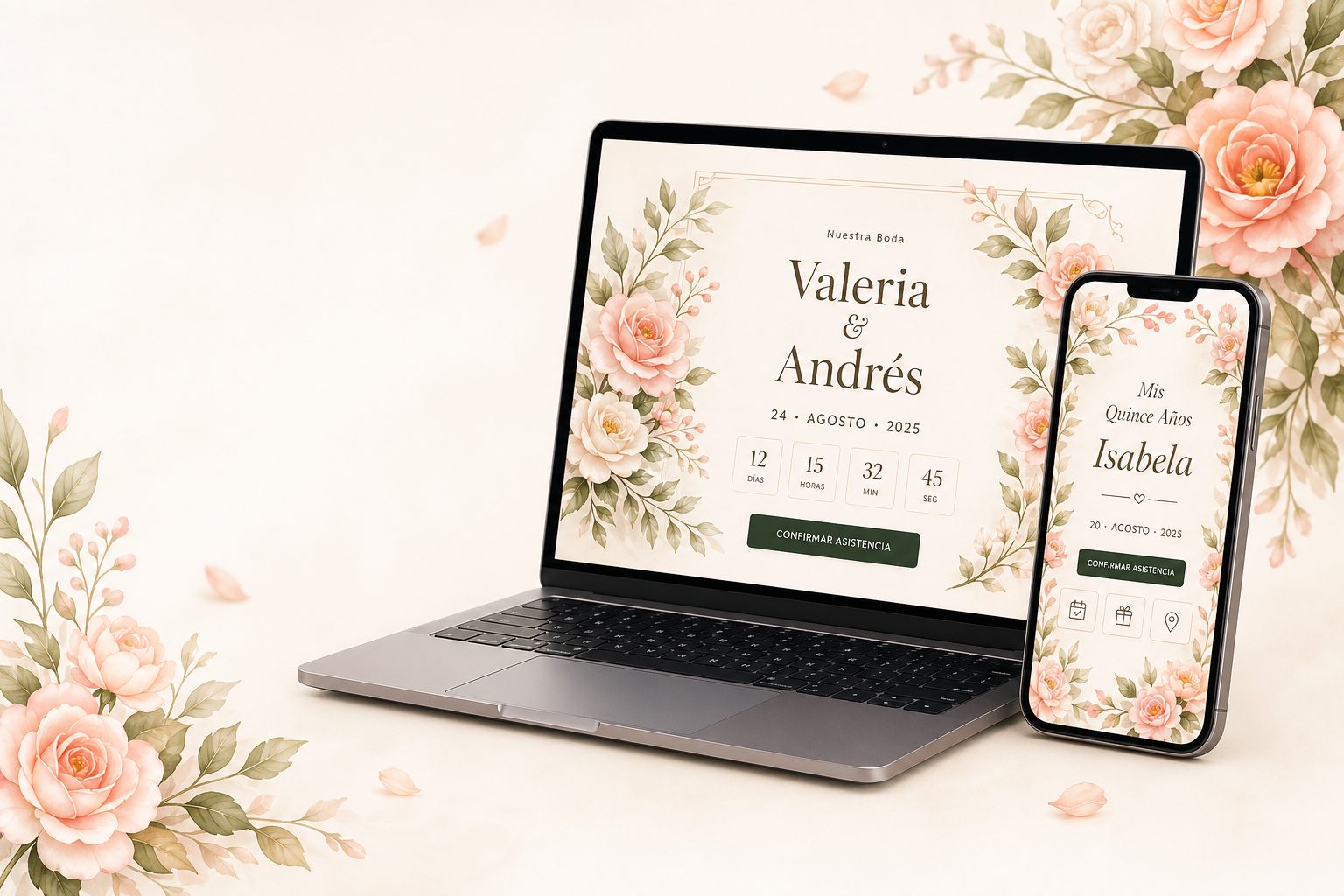 Mockup de invitaciones digitales en computador y celular